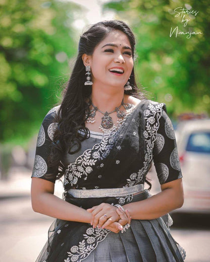 Gray Kanchipuram Silk Lehenga Choli with Jacquard Blouse & Net Dupatta