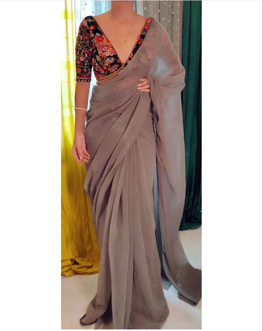 Gray Luxury Smooth Satin Saree with Designer Embroidery Blouse