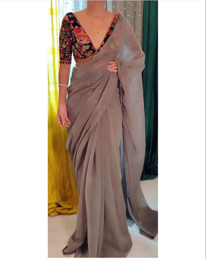 Gray Luxury Smooth Satin Saree with Designer Embroidery Blouse