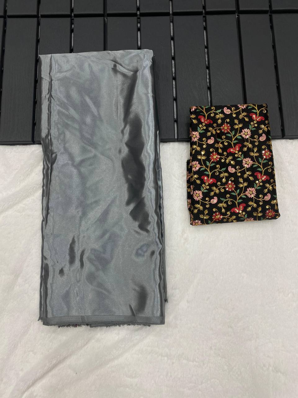 Gray Luxury Smooth Satin Saree with Designer Embroidery Blouse