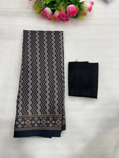 Gray Mulmul Cotton Digital Print Saree with Banglori Blouse