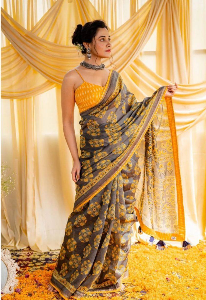 Gray Mulmul Cotton Digital Print Saree with Mustard Yellow Mulmul Blouse