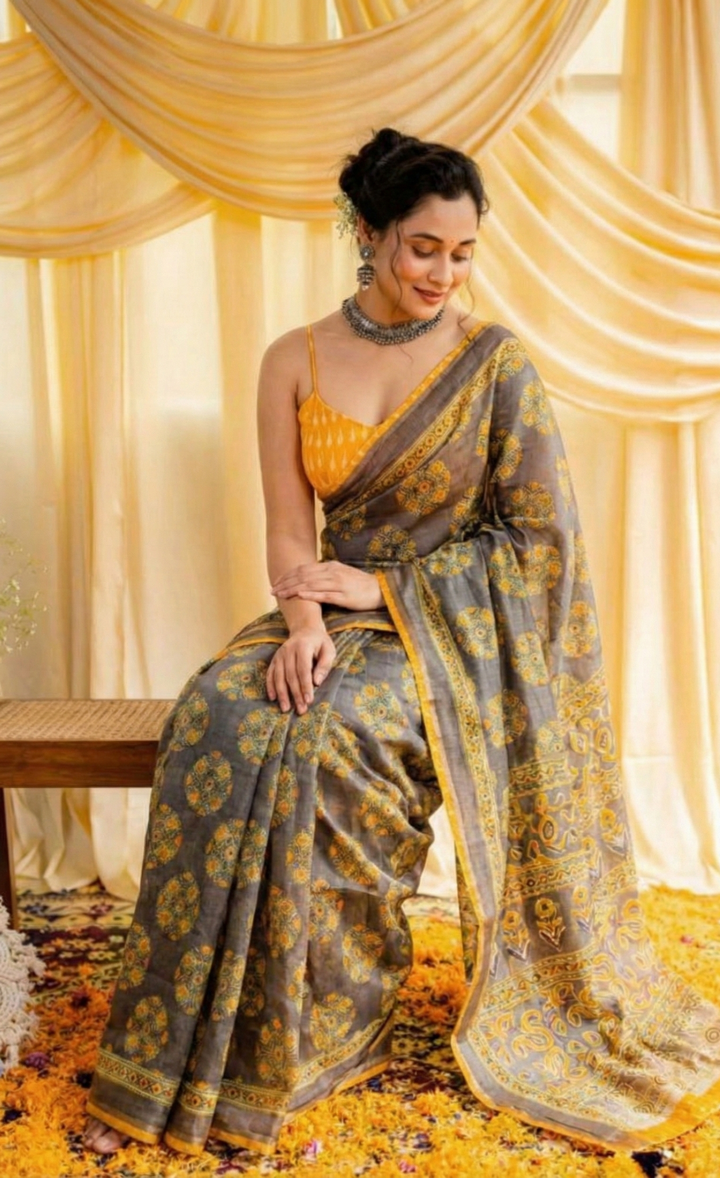 Gray Mulmul Cotton Digital Print Saree with Mustard Yellow Mulmul Blouse