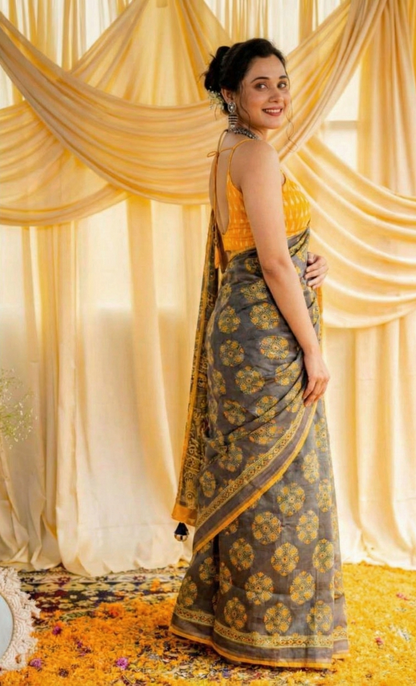 Gray Mulmul Cotton Digital Print Saree with Mustard Yellow Mulmul Blouse