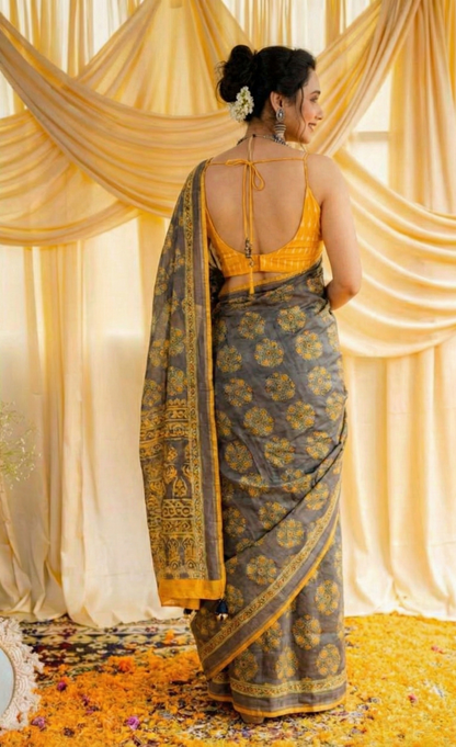 Gray Mulmul Cotton Digital Print Saree with Mustard Yellow Mulmul Blouse