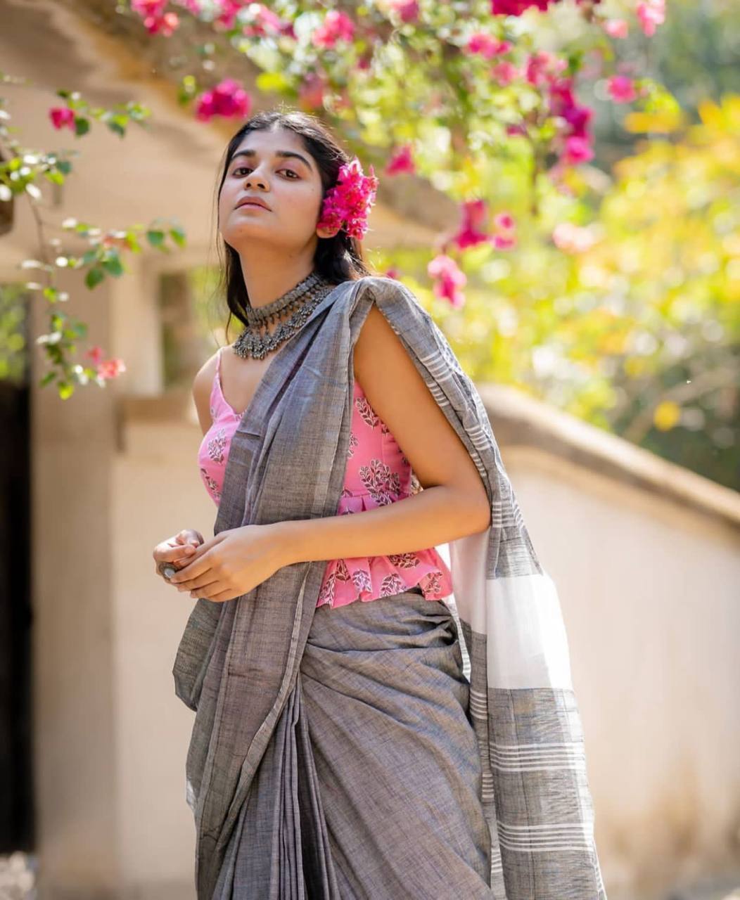 Gray Mulmul Cotton Digital Print Saree with Pink Mulmul Blouse