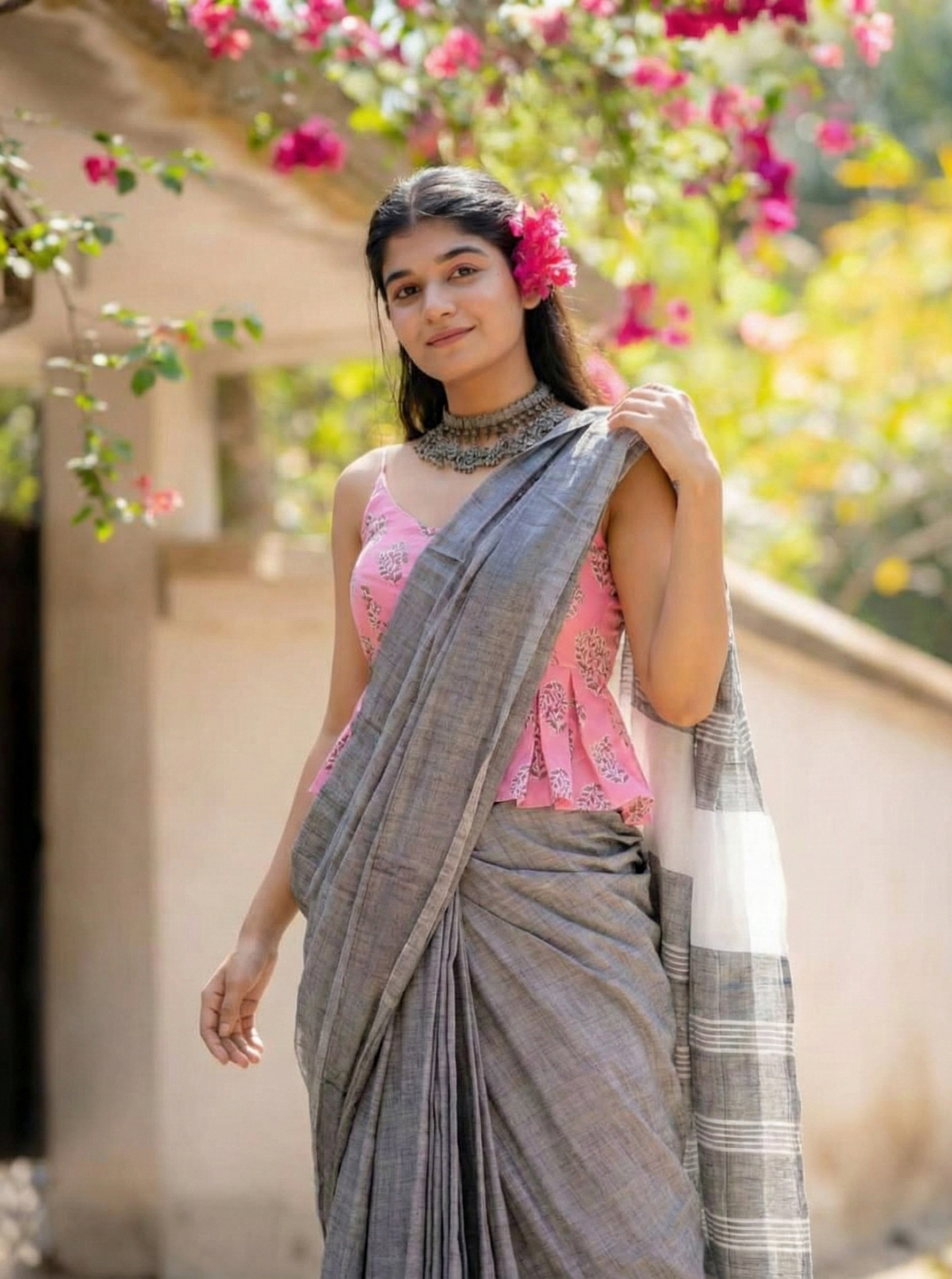 Gray Mulmul Cotton Digital Print Saree with Pink Mulmul Blouse