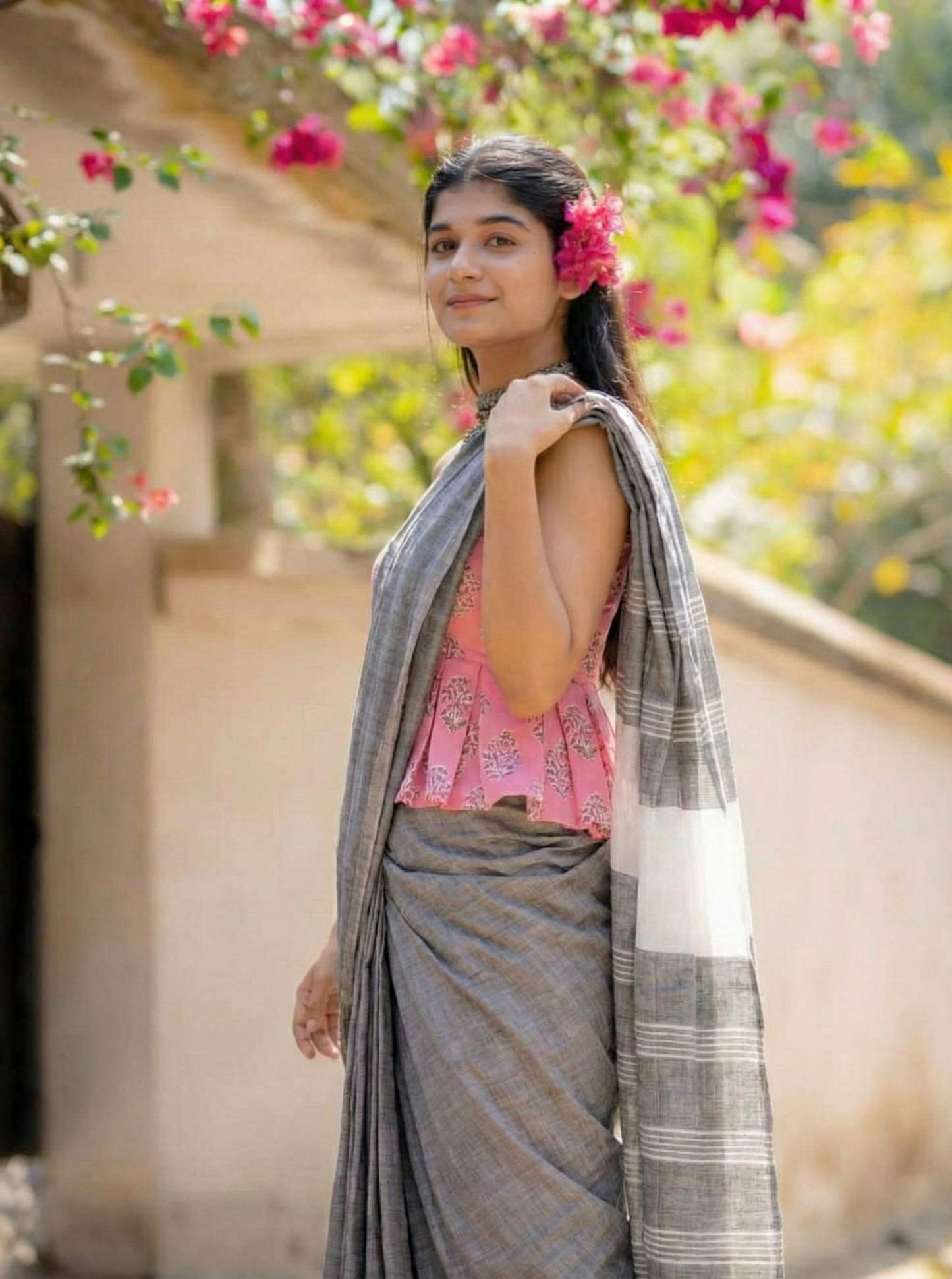 Gray Mulmul Cotton Digital Print Saree with Pink Mulmul Blouse