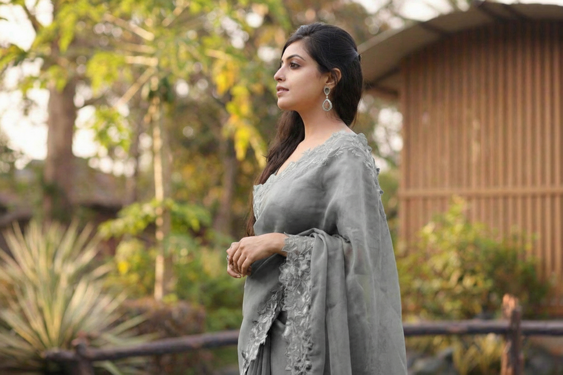Gray Organza Embroidered Saree with Cutwork Border Buti Work Blouse