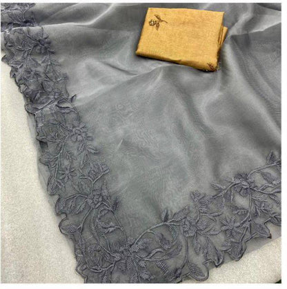 Gray Organza Embroidered Saree with Cutwork Border Buti Work Blouse