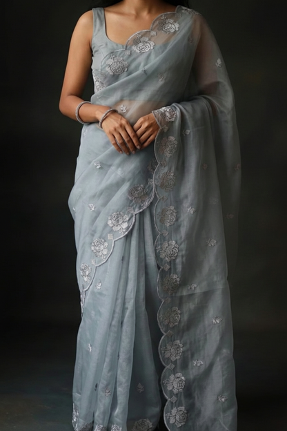 Gray Pure Organza Saree with Sequins Embroidery Border Work Blouse