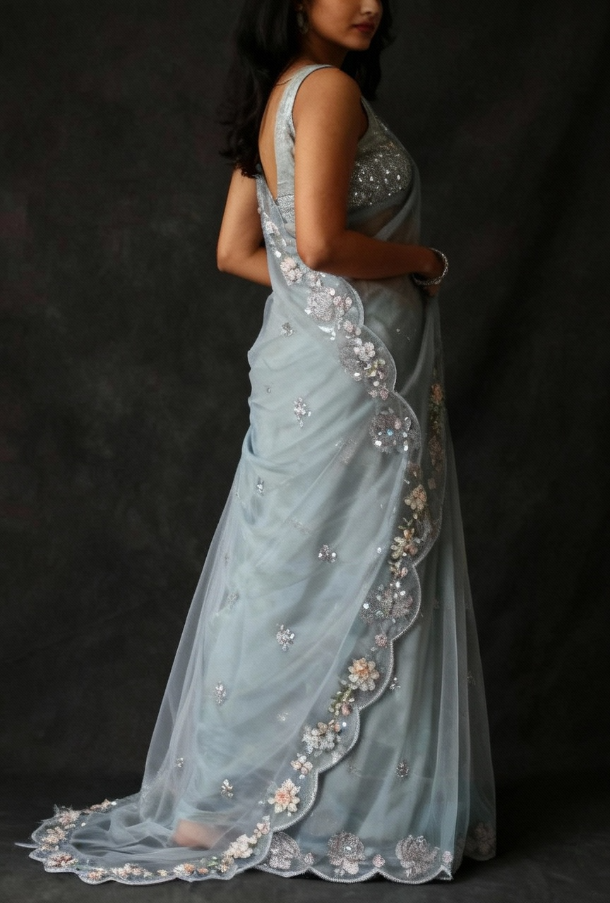 Gray Pure Organza Saree with Sequins Embroidery Border Work Blouse