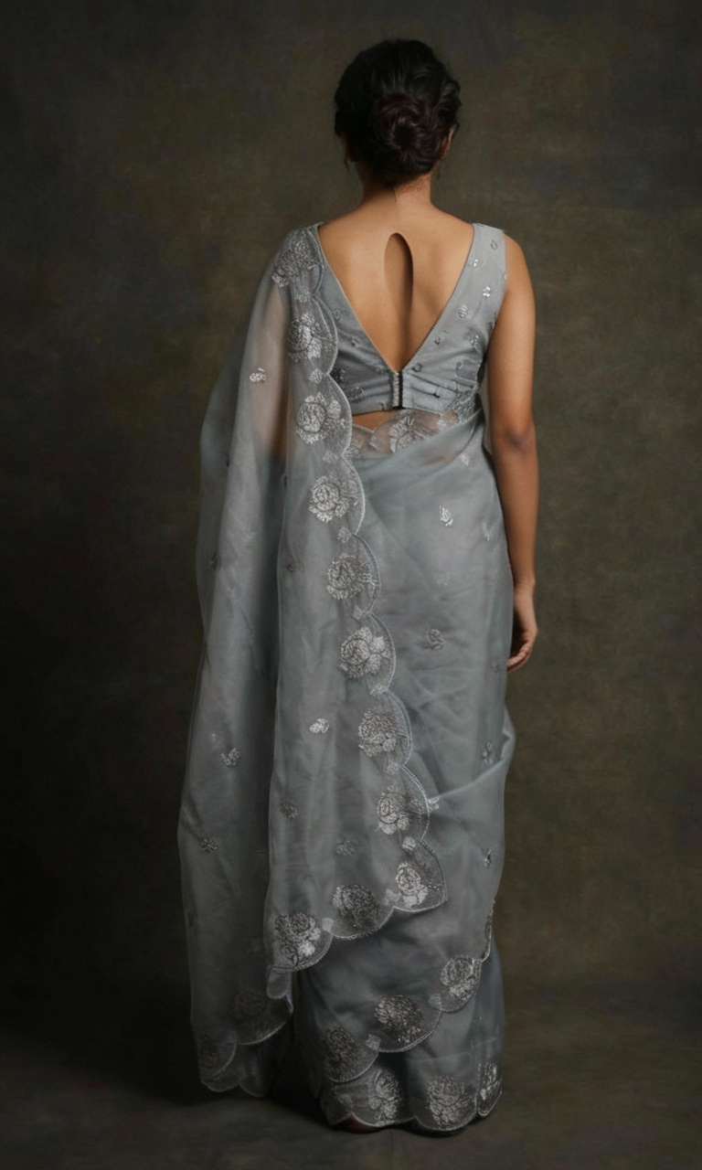 Gray Pure Organza Saree with Sequins Embroidery Border Work Blouse