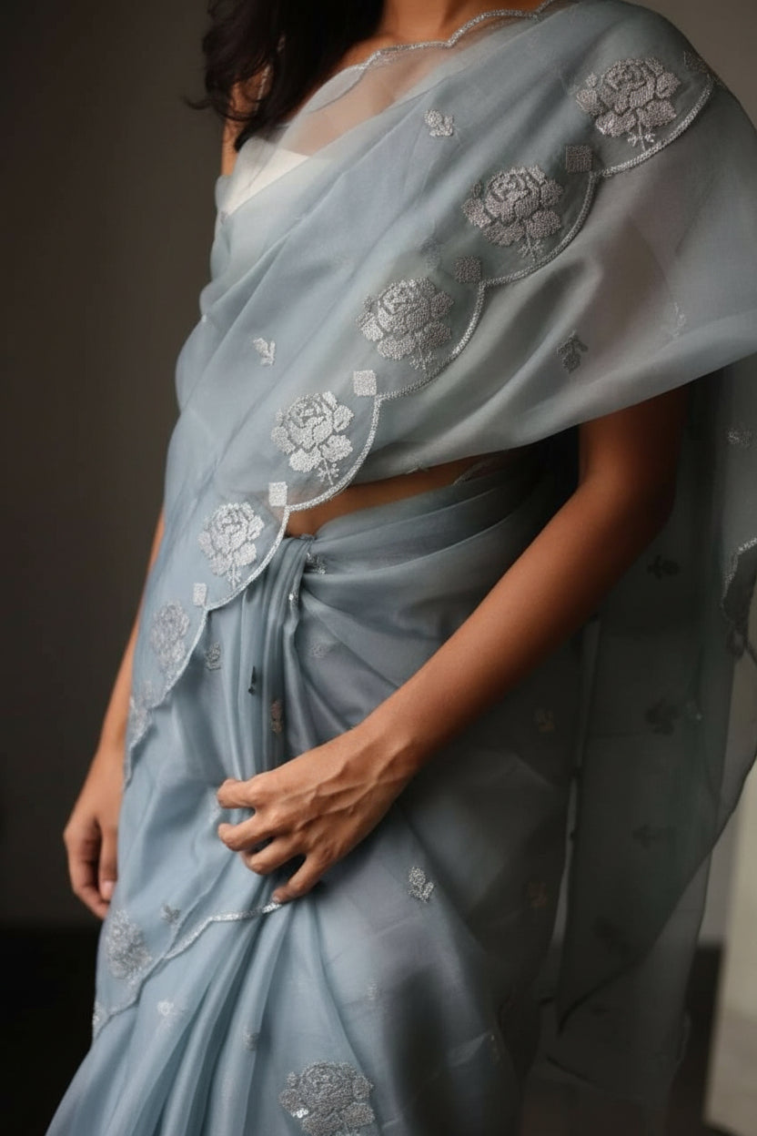 Gray Pure Organza Saree with Sequins Embroidery Border Work Blouse