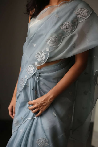 Gray Pure Organza Saree with Sequins Embroidery Border Work Blouse