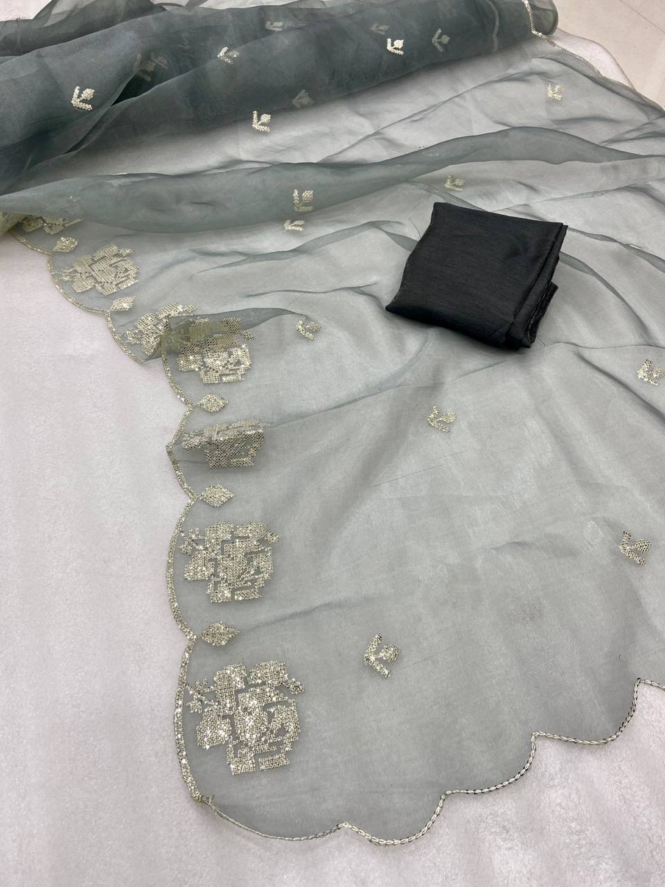 Gray Pure Organza Saree with Sequins Embroidery Border Work Blouse