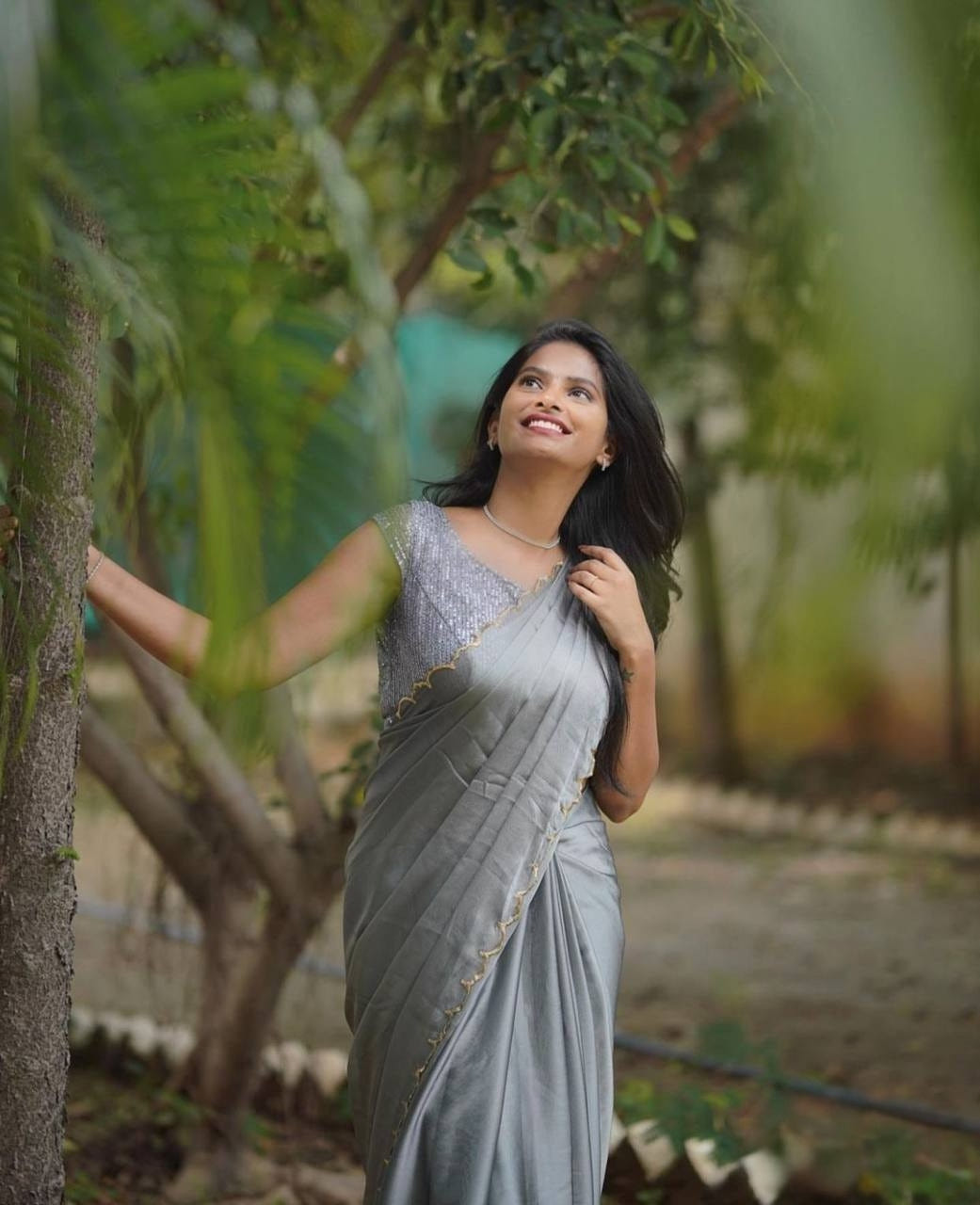 Gray Rangoli Silk Saree with Aarko Border & Net Sequins Work Blouse