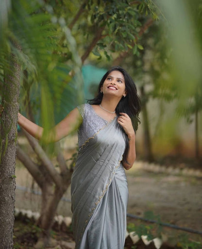Gray Rangoli Silk Saree with Aarko Border & Net Sequins Work Blouse