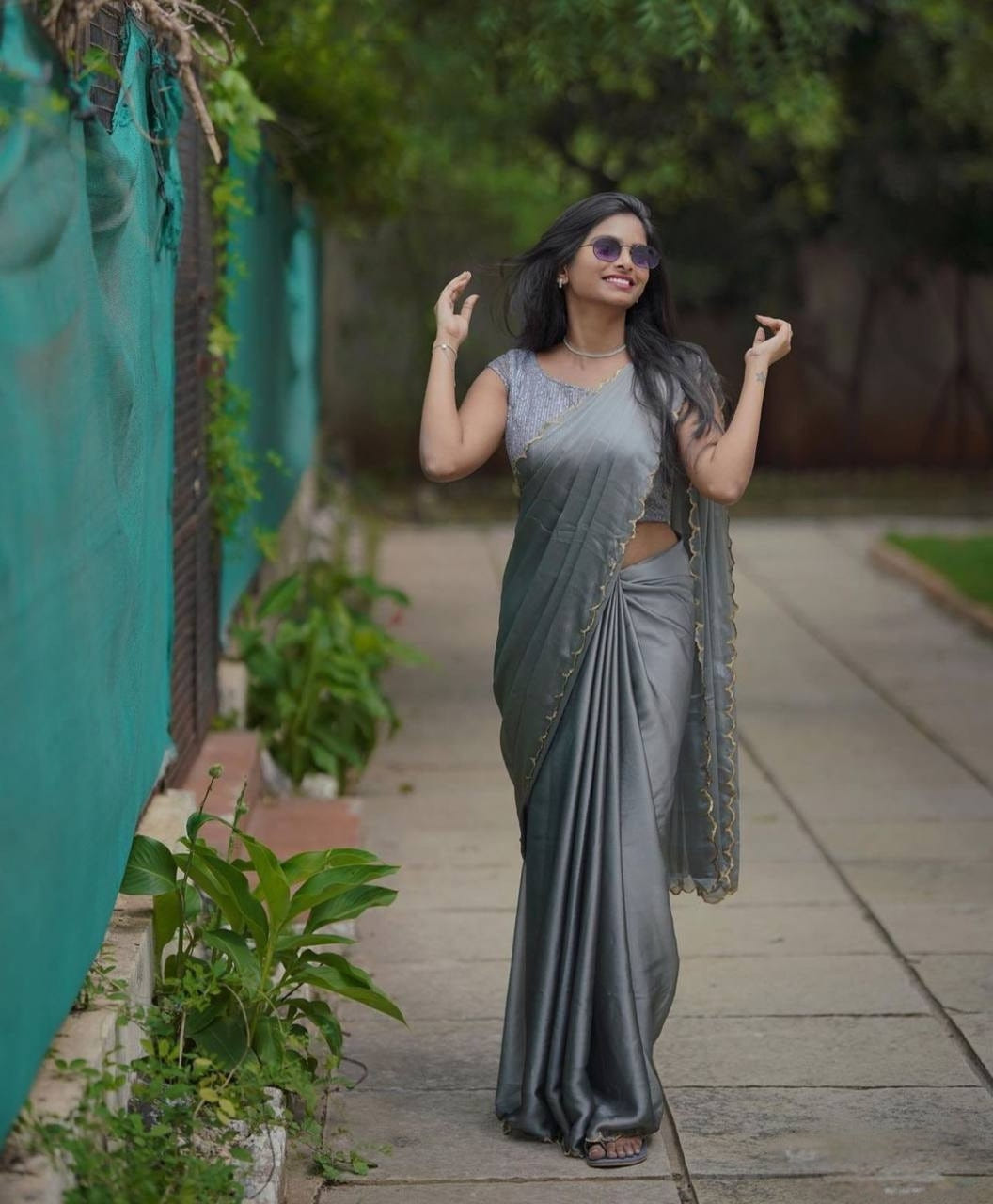 Gray Rangoli Silk Saree with Aarko Border & Net Sequins Work Blouse