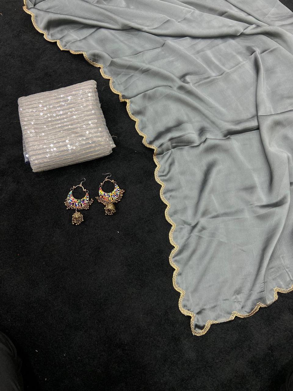 Gray Rangoli Silk Saree with Aarko Border & Net Sequins Work Blouse