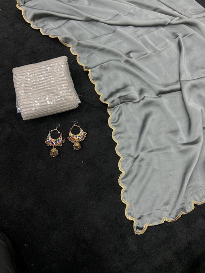 Gray Rangoli Silk Saree with Aarko Border & Net Sequins Work Blouse