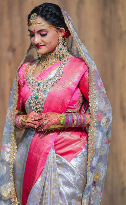 Gray Traditional Kanchipuram Silk Saree with Rani Border Blouse