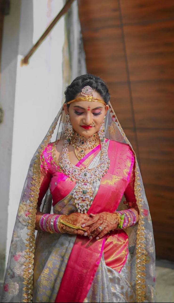 Gray Traditional Kanchipuram Silk Saree with Rani Border Blouse
