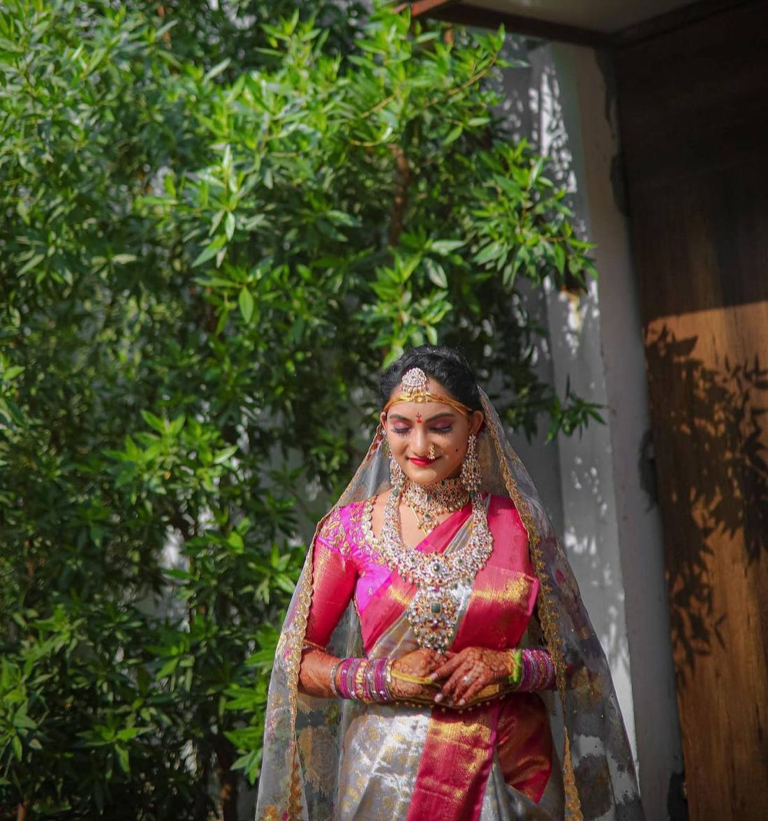 Gray Traditional Kanchipuram Silk Saree with Rani Border Blouse