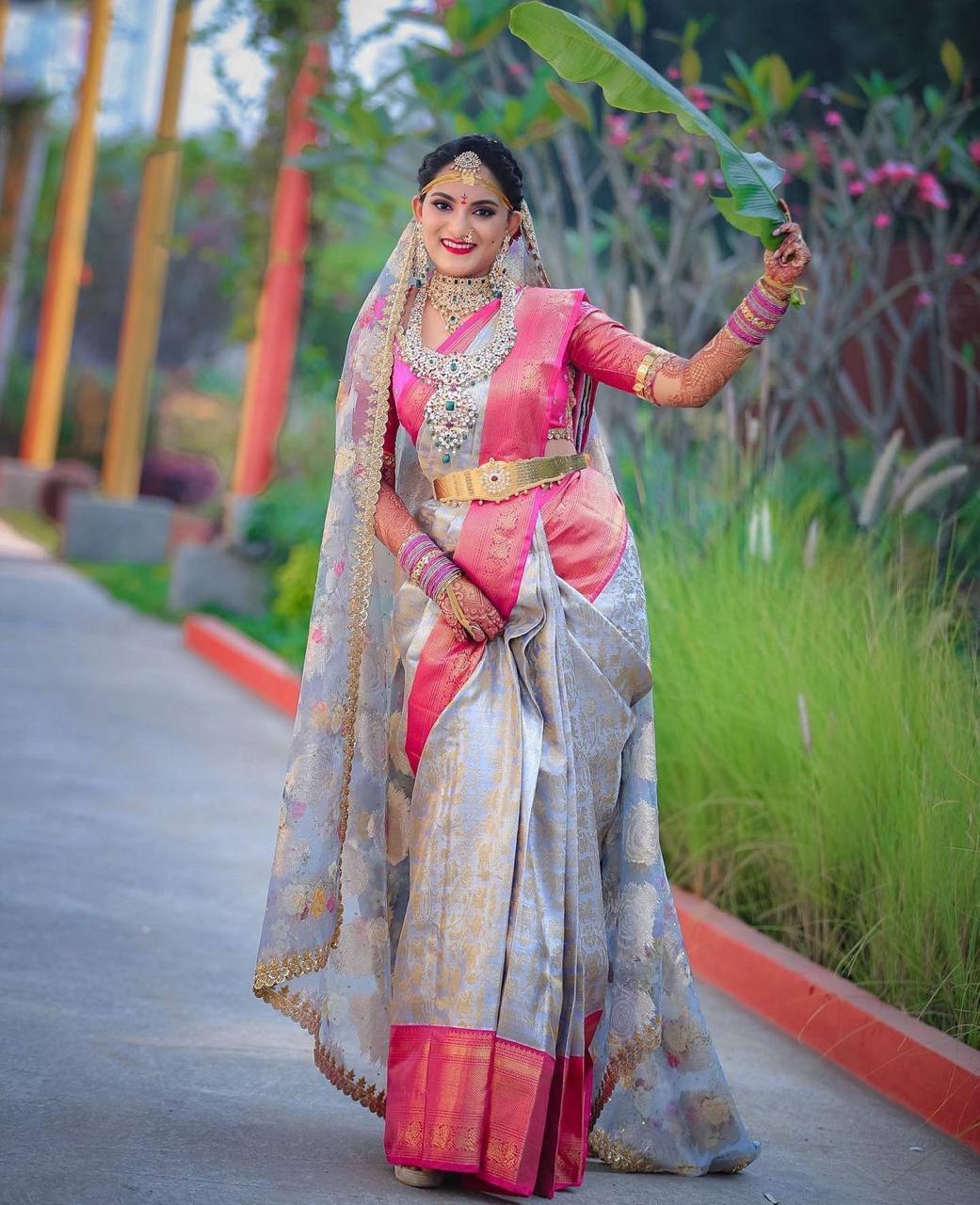 Gray Traditional Kanchipuram Silk Saree with Rani Border Blouse