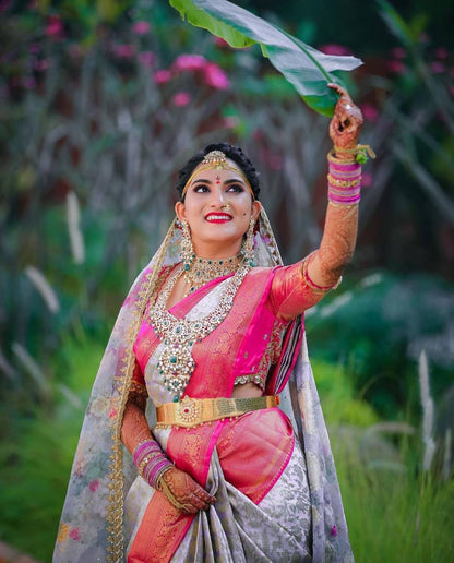 Gray Traditional Kanchipuram Silk Saree with Rani Border Blouse
