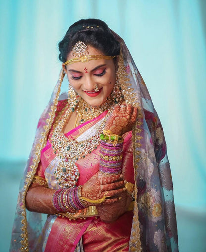 Gray Traditional Kanchipuram Silk Saree with Rani Border Blouse