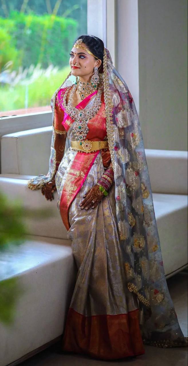 Gray Traditional Kanchipuram Silk Saree with Rani Border Blouse