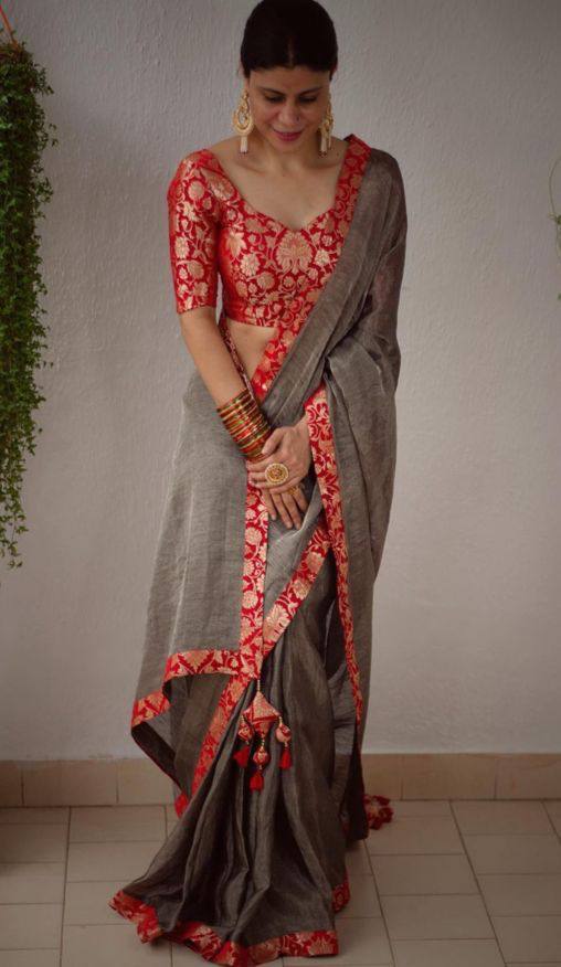 Gray Upadda Silk Jacquard Weaving Saree with Banarasi Blouse