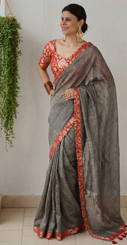 Gray Upadda Silk Jacquard Weaving Saree with Banarasi Blouse