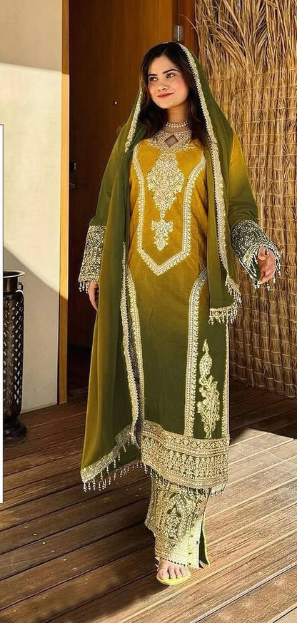 Green and Yellow Designer Dual Tone Chinon Silk Plazzo Top and Dupatta