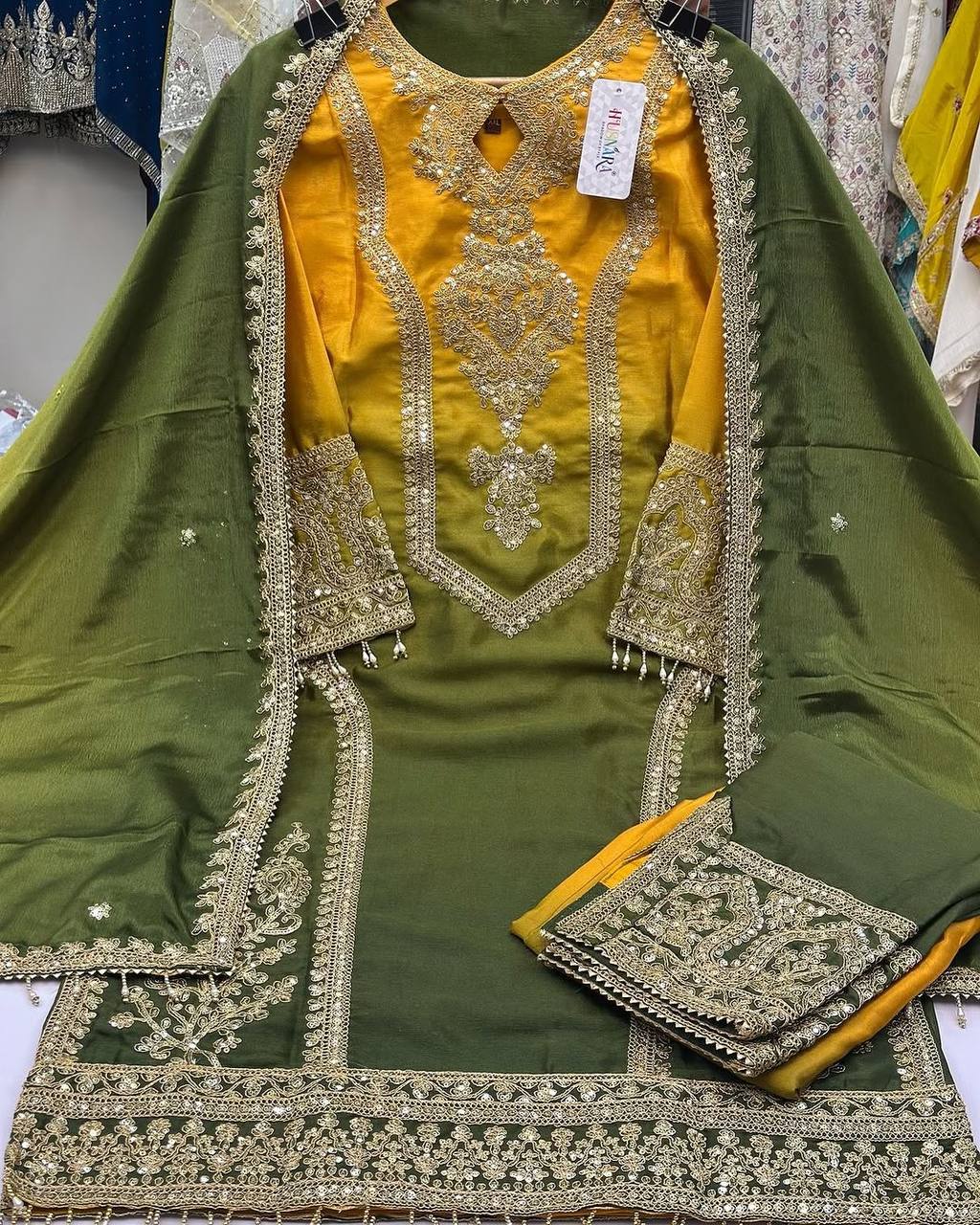 Green and Yellow Designer Dual Tone Chinon Silk Plazzo Top and Dupatta