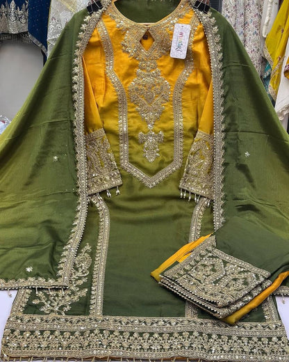 Green and Yellow Designer Dual Tone Chinon Silk Plazzo Top and Dupatta