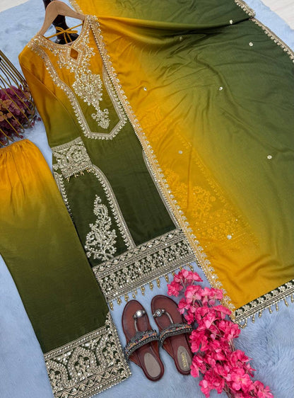Green and Yellow Designer Dual Tone Chinon Silk Plazzo Top and Dupatta
