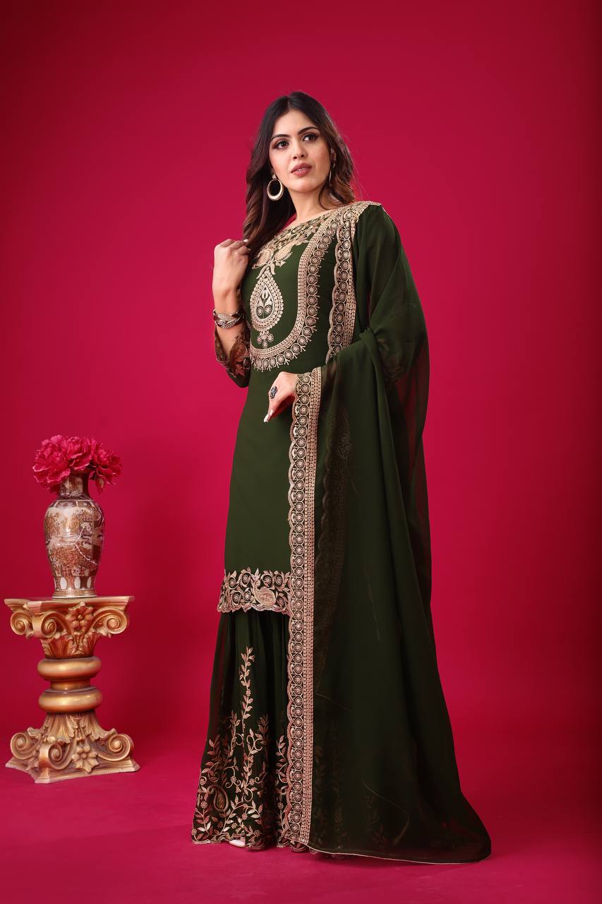 Green Designer Blooming Faux Georgette Palazzo Top and Dupatta