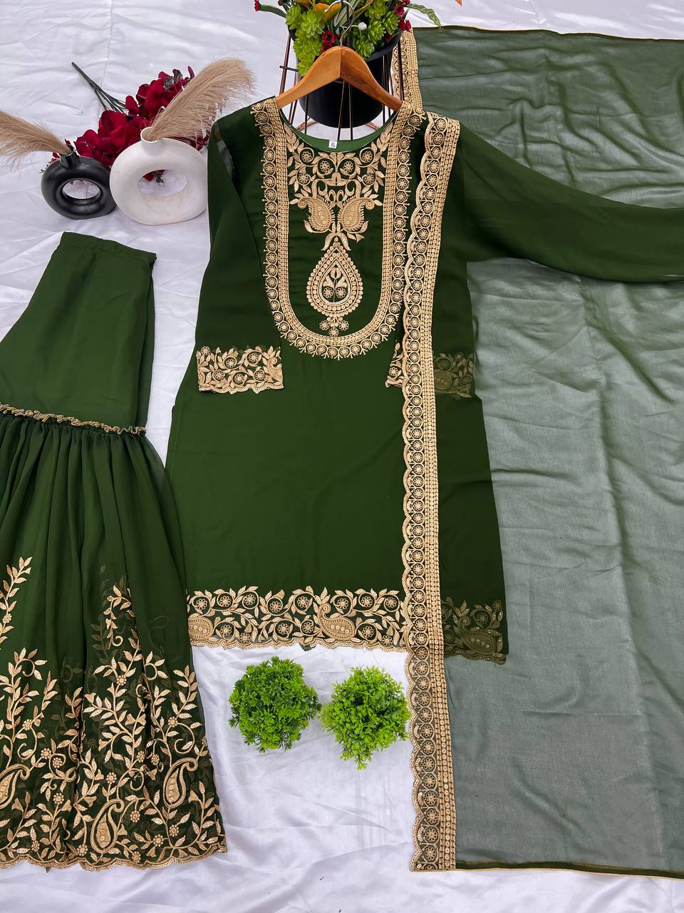 Green Designer Blooming Faux Georgette Palazzo Top and Dupatta