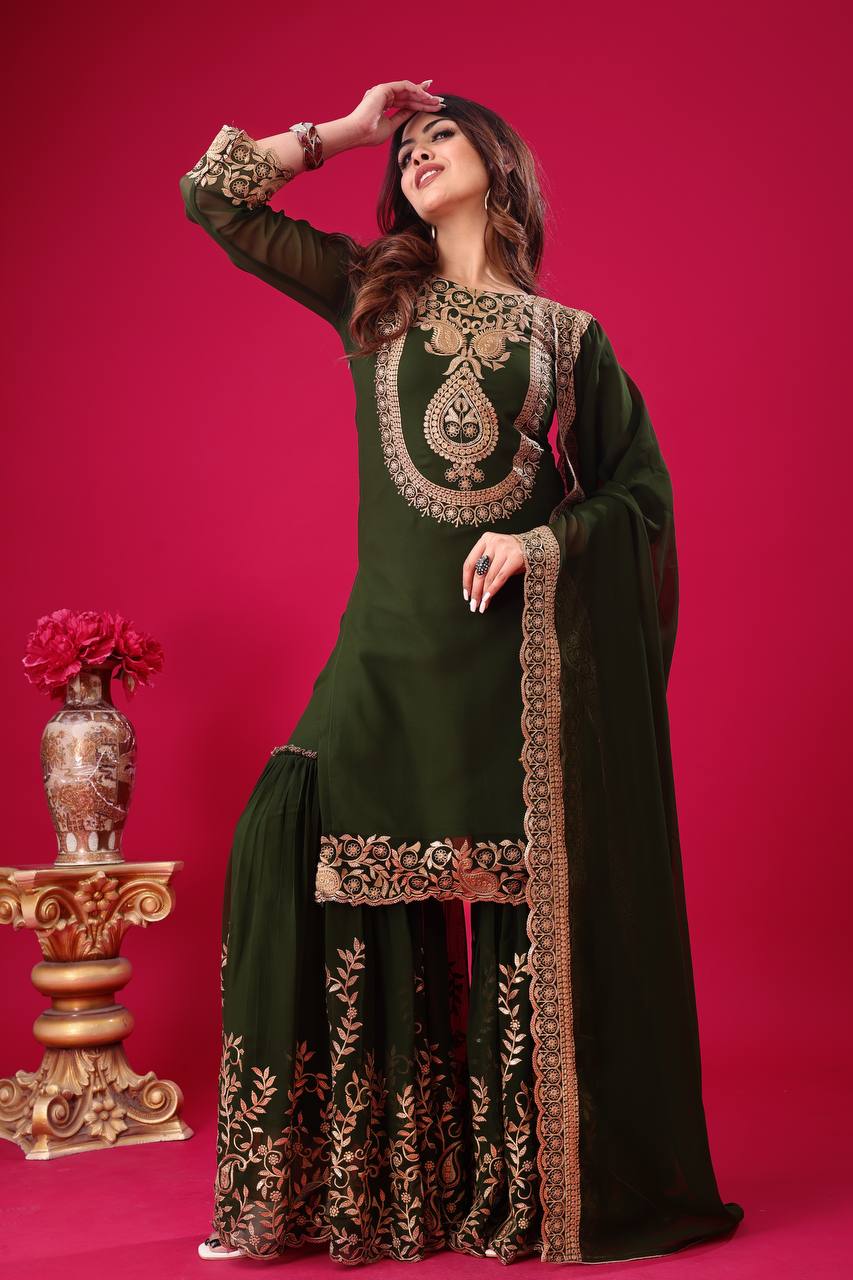 Green Designer Blooming Faux Georgette Palazzo Top and Dupatta