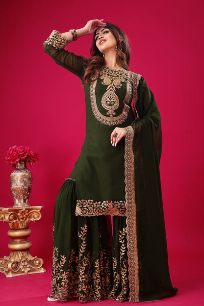 Green Designer Blooming Faux Georgette Palazzo Top and Dupatta