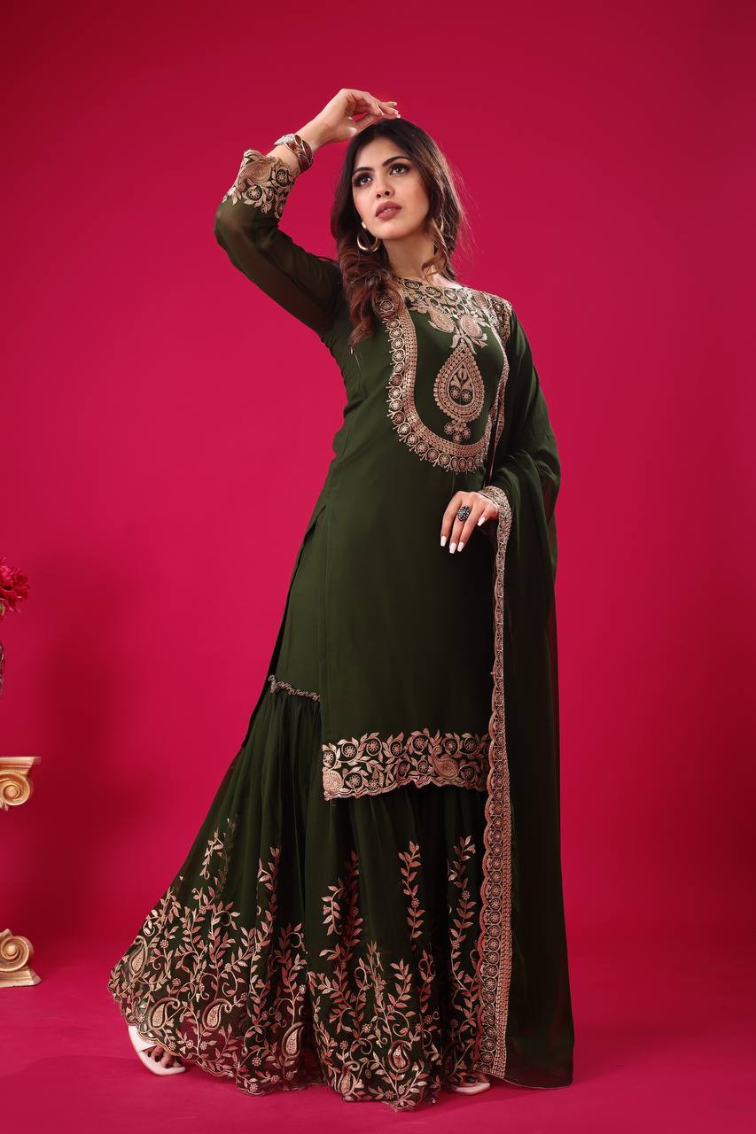 Green Designer Blooming Faux Georgette Palazzo Top and Dupatta