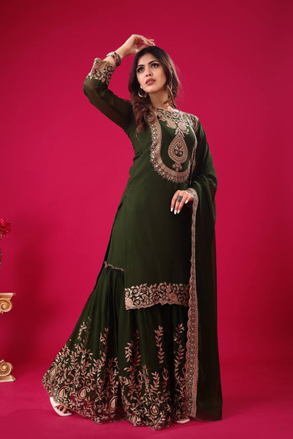Green Designer Blooming Faux Georgette Palazzo Top and Dupatta