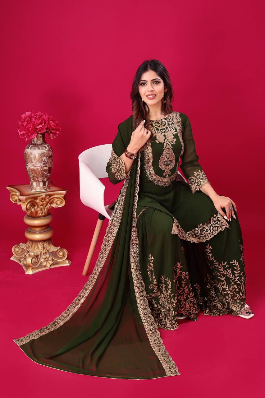 Green Designer Blooming Faux Georgette Palazzo Top and Dupatta