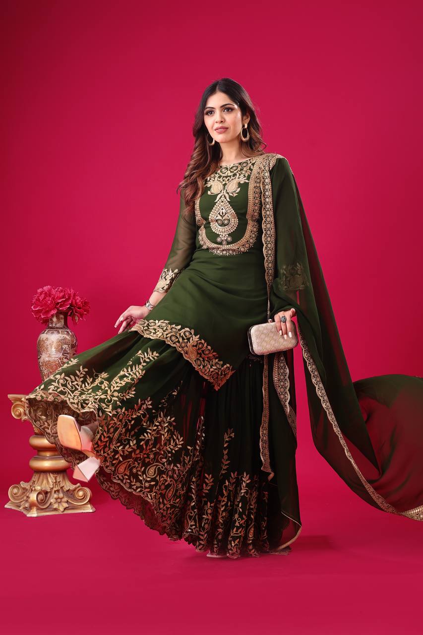 Green Designer Blooming Faux Georgette Palazzo Top and Dupatta