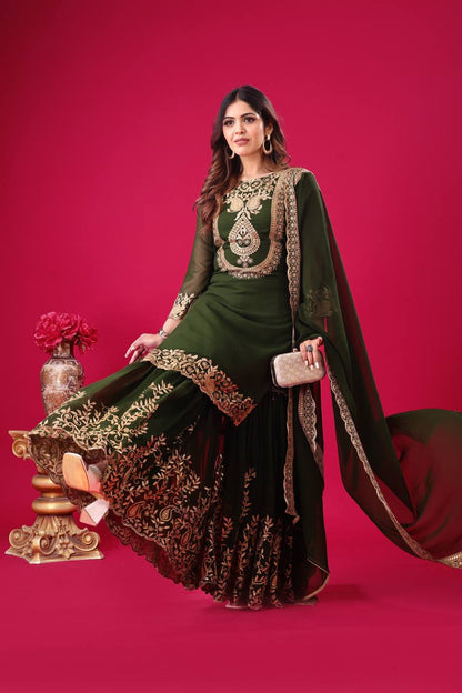 Green Designer Blooming Faux Georgette Palazzo Top and Dupatta