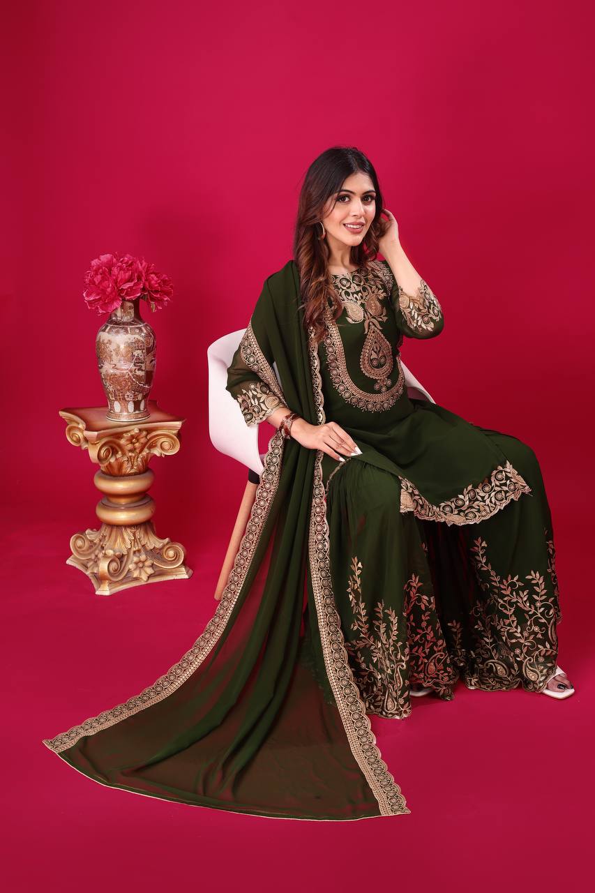 Green Designer Blooming Faux Georgette Palazzo Top and Dupatta