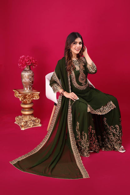 Green Designer Blooming Faux Georgette Palazzo Top and Dupatta