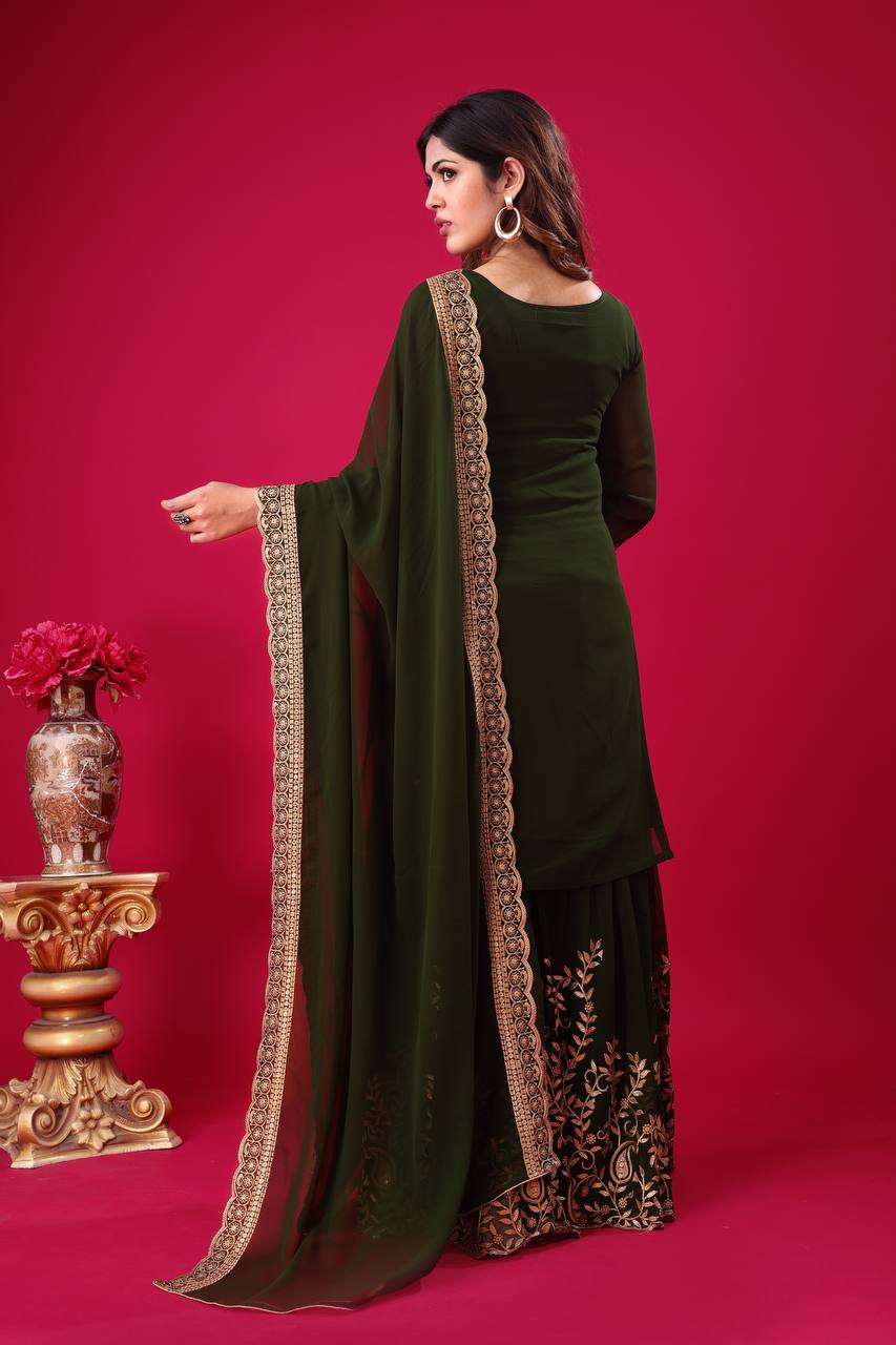 Green Designer Blooming Faux Georgette Palazzo Top and Dupatta